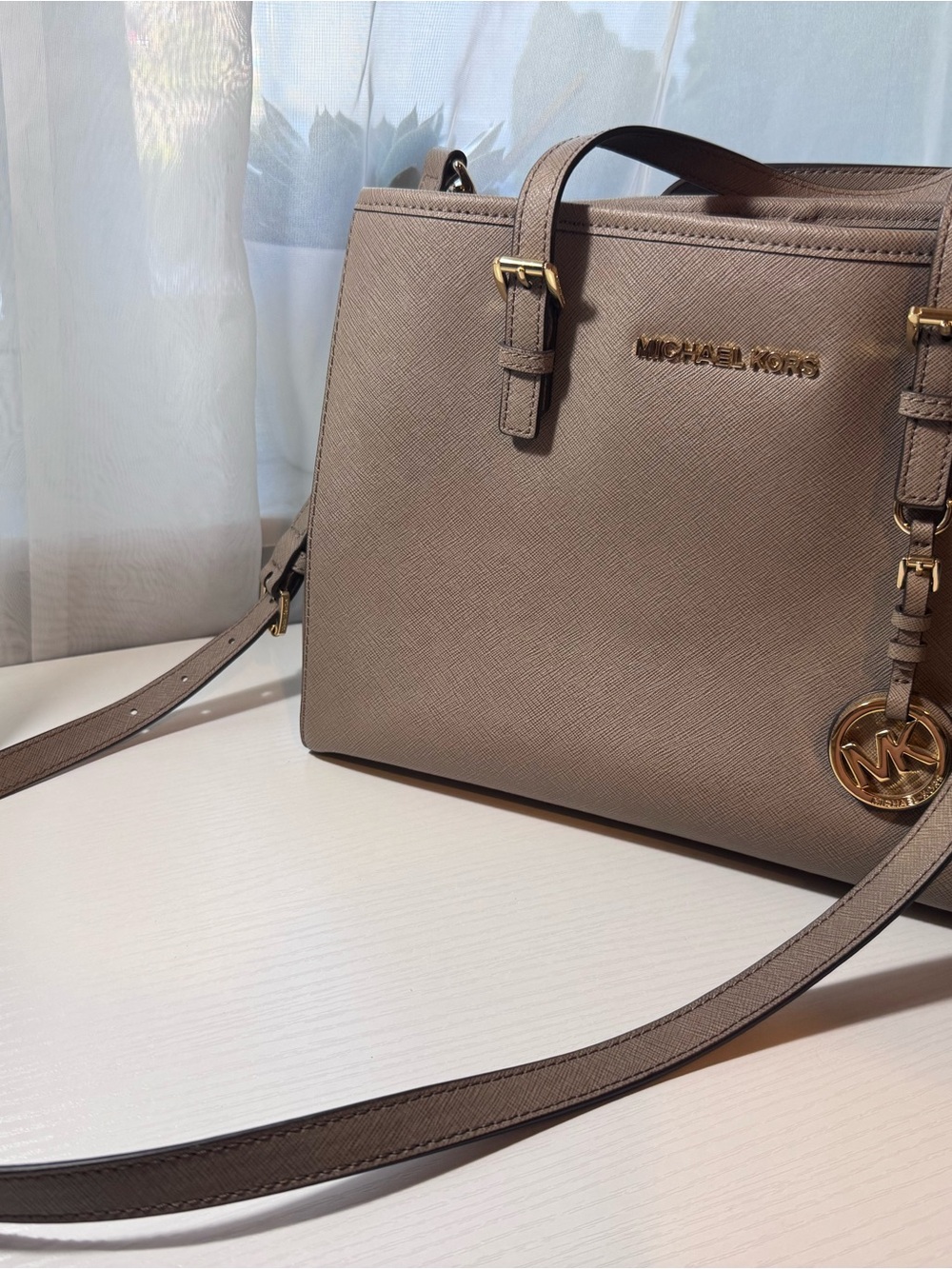 Michael Kors Taupe Saffiano Satchel with Gold Hardware